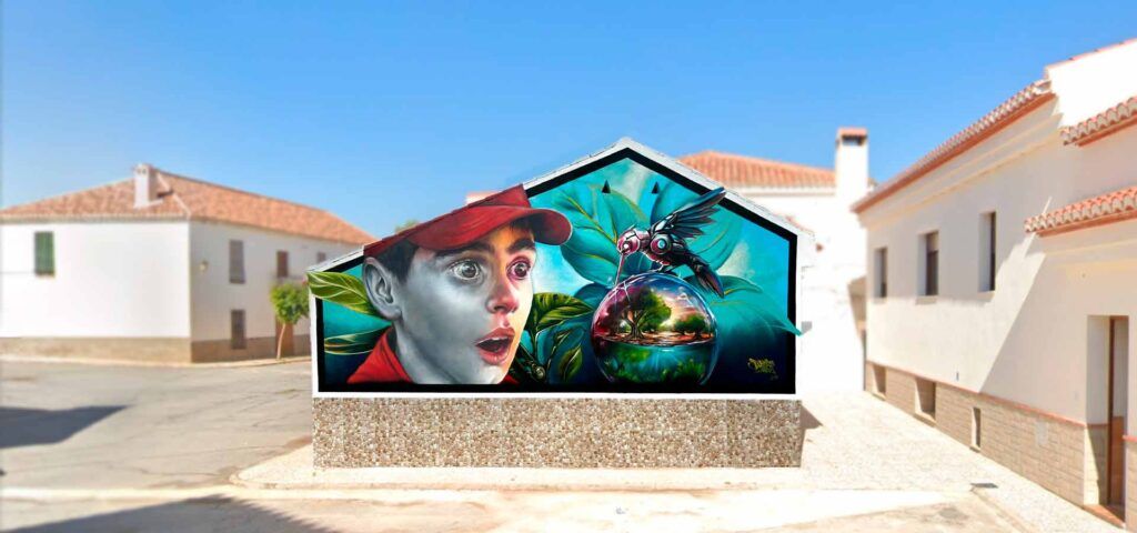 Mural La pequeña Ácula de Jacobo Palos en Ventas de Huelma, Liga Nacional de Graffiti 2025
